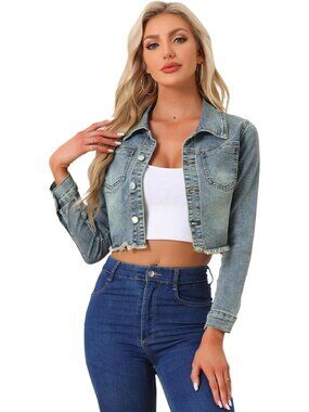 Women Grey Blue Cropped Frayed Hem Turndown Collar Button Up Trendy Denim Jacket